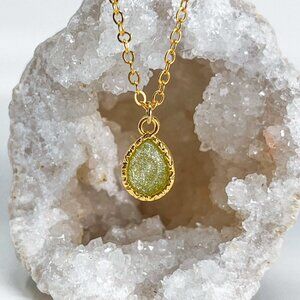 3/$20 14k Gold Grass Green Glitter Resin Teardrop Handmade Pendant Necklace